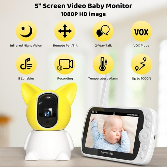 Baby Monitor,5''LCD Screen 1080P Video Baby Monitor with Camera and Audio,1000ft - Picture 2 of 6